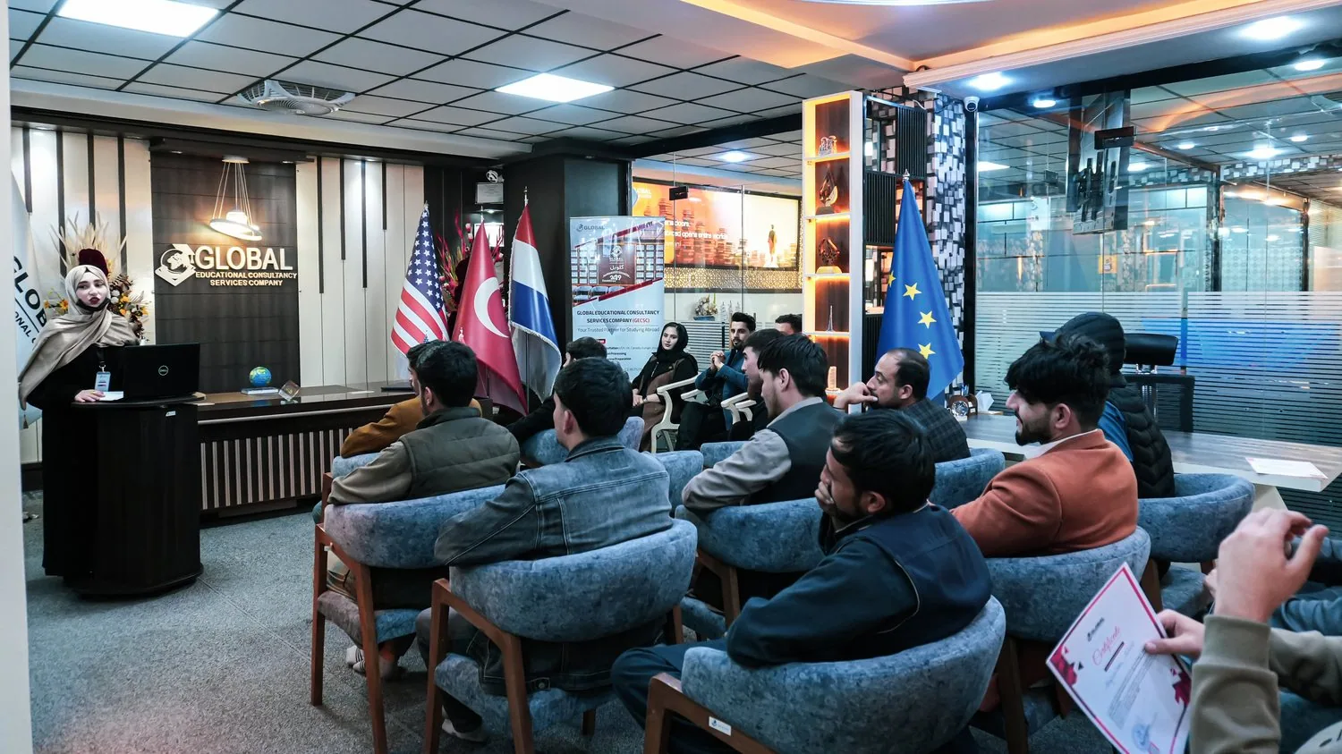 The room filling up before the Study in Türkiye seminar — GECSC office, Kabul, November 2025